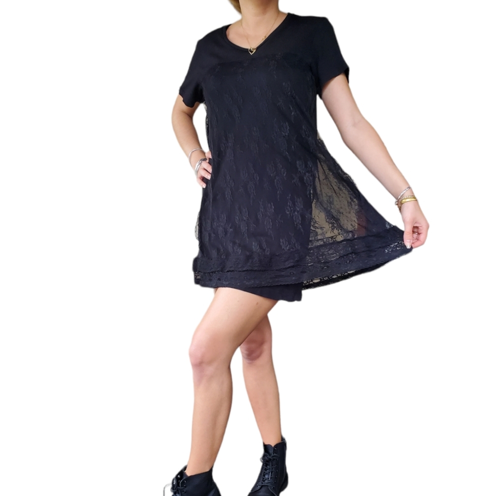 DIESEL black lace mini t-shirt dress Wednesday Addams style Size S